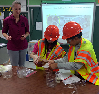 Students in safety vests, goggles, and helmets pouring liquids into beaker